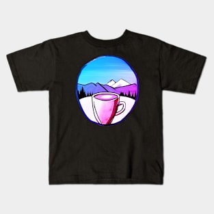 Watercolor Coffee And Mountains Pink, Retro Drink Coffee Outdoors, Cool hiker gift Kids T-Shirt